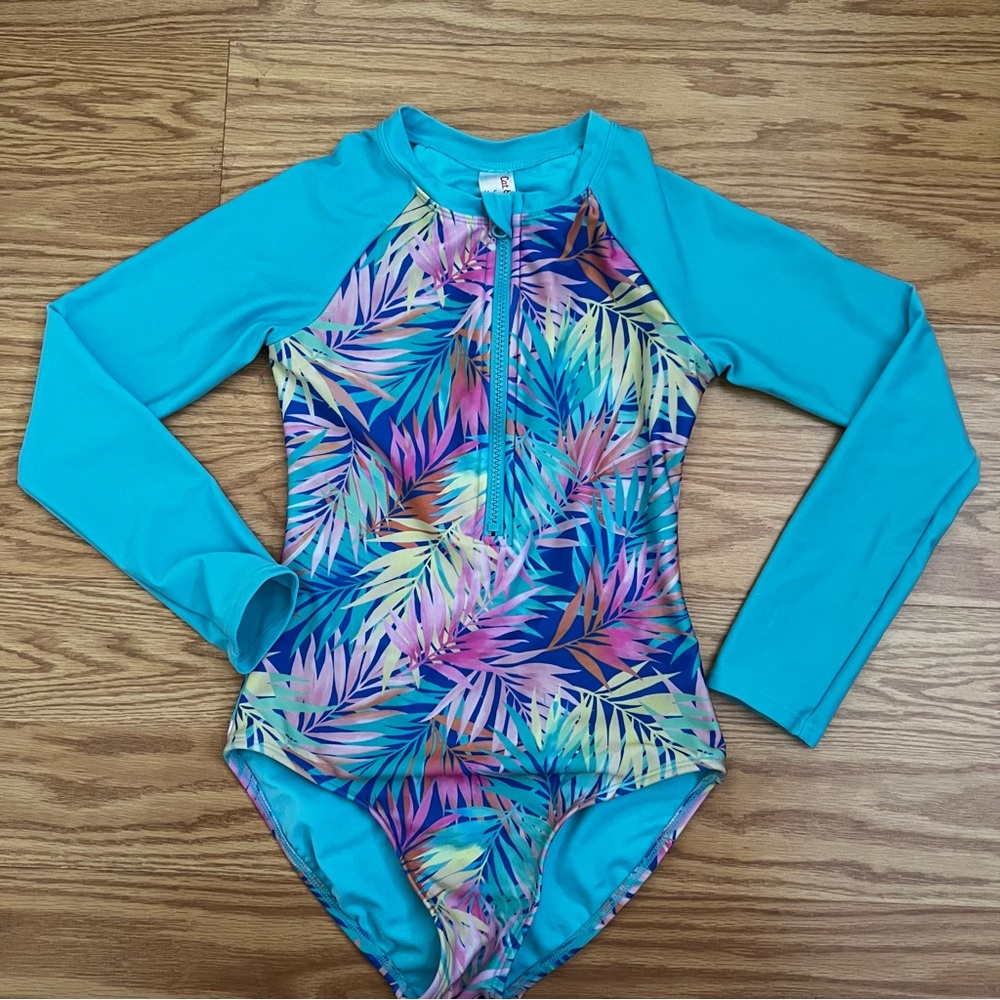 Cat & Jack Kids Swim Rashguard - Teal and Multicolor Girls size Large 10/12